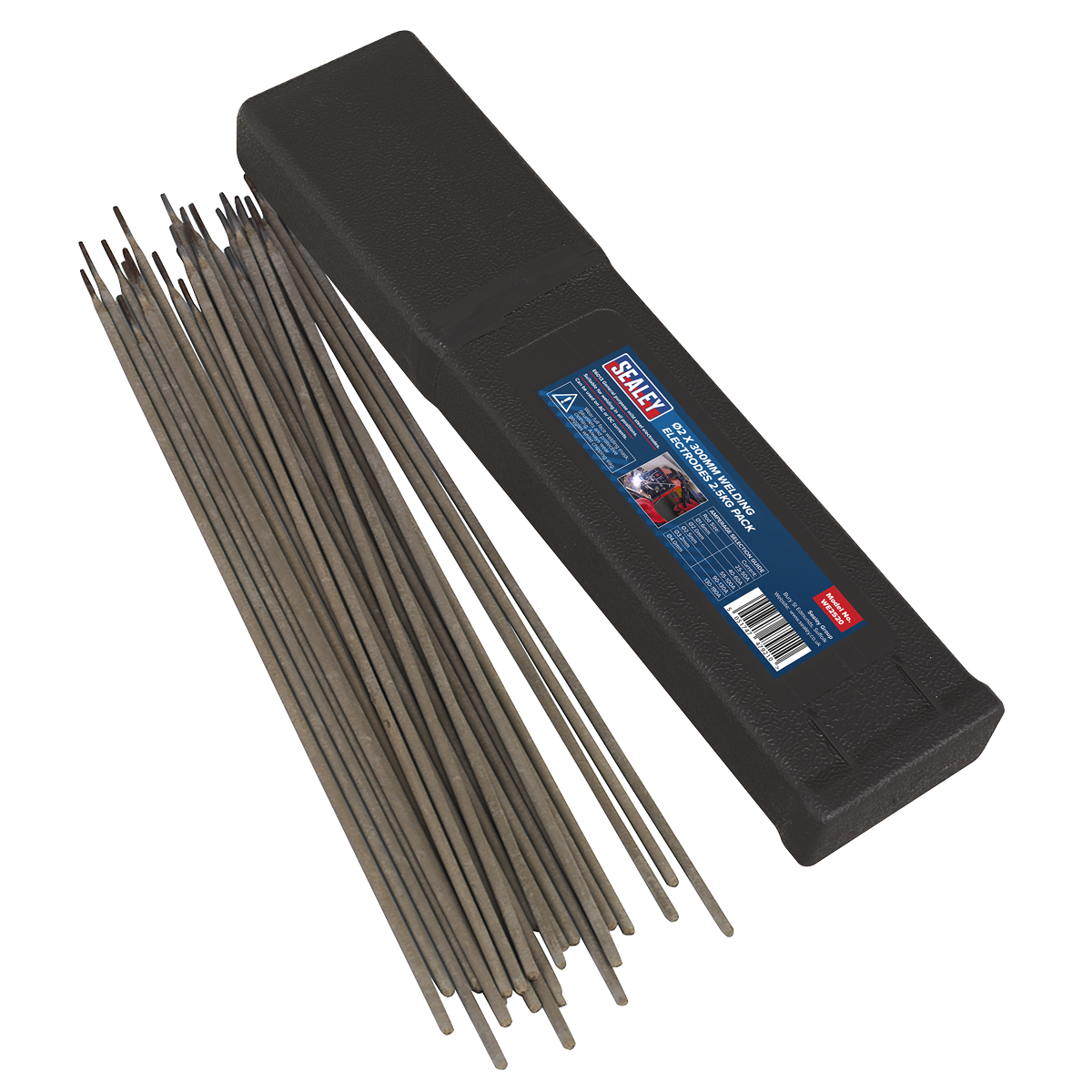 A black case lies open, revealing multiple Sealey Welding Electrodes Ø2 x 300mm 2.5kg Pack - WE2520 arranged neatly next to it. The case has a blue label with text and a red logo.