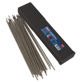 A black case lies open, revealing multiple Sealey Welding Electrodes Ø2 x 300mm 2.5kg Pack - WE2520 arranged neatly next to it. The case has a blue label with text and a red logo.