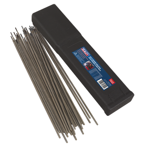 A black case lies open, revealing multiple Sealey Welding Electrodes Ø2 x 300mm 2.5kg Pack - WE2520 arranged neatly next to it. The case has a blue label with text and a red logo.