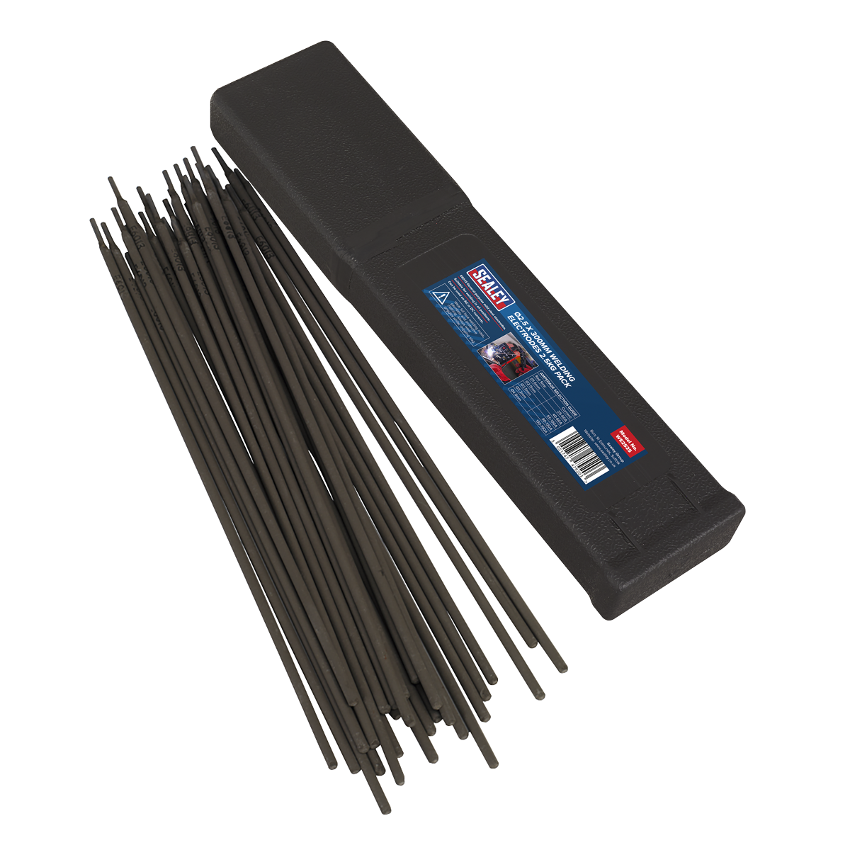 A black plastic box lies open with several Sealey Welding Electrodes Ø2.5 x 300mm 2.5kg Pack - WE2525 beside it. The box features a label with product details and branding, perfect for your welding current needs.