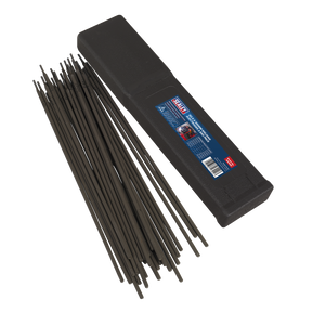 A black plastic box lies open with several Sealey Welding Electrodes Ø2.5 x 300mm 2.5kg Pack - WE2525 beside it. The box features a label with product details and branding, perfect for your welding current needs.