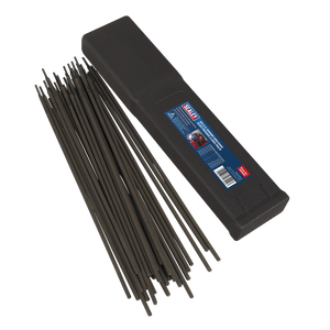 A black plastic box lies open with several Sealey Welding Electrodes Ø2.5 x 300mm 2.5kg Pack - WE2525 beside it. The box features a label with product details and branding, perfect for your welding current needs.