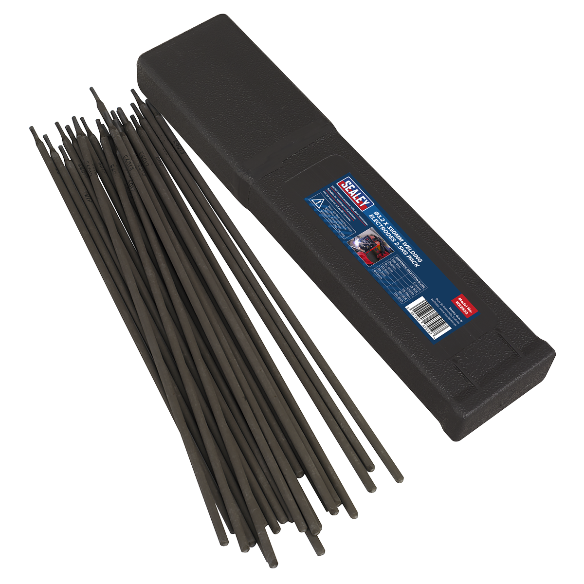 A pack of Sealey Welding Electrodes Ø3.2 x 350mm 2.5kg (WE2532) is lying next to a black plastic case with a label containing text and graphics.