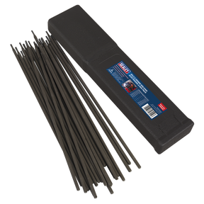 A pack of Sealey Welding Electrodes Ø3.2 x 350mm 2.5kg (WE2532) is lying next to a black plastic case with a label containing text and graphics.