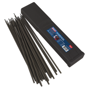 A pack of Sealey Welding Electrodes Ø3.2 x 350mm 2.5kg (WE2532) is lying next to a black plastic case with a label containing text and graphics.