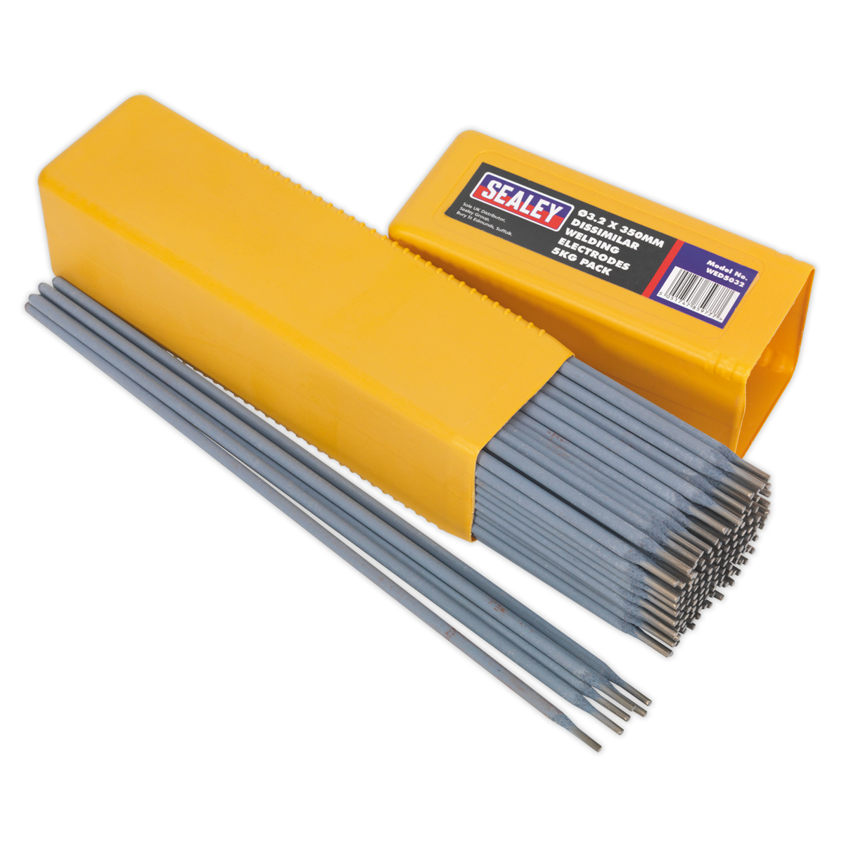 Image shows a yellow box partially opened, revealing a stack of Sealey Welding Electrodes Dissimilar Ø3.2 x 350mm 5kg Pack - WED5032, with several electrodes placed beside the box.