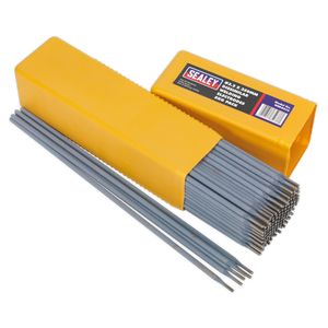 Image shows a yellow box partially opened, revealing a stack of Sealey Welding Electrodes Dissimilar Ø3.2 x 350mm 5kg Pack - WED5032, with several electrodes placed beside the box.