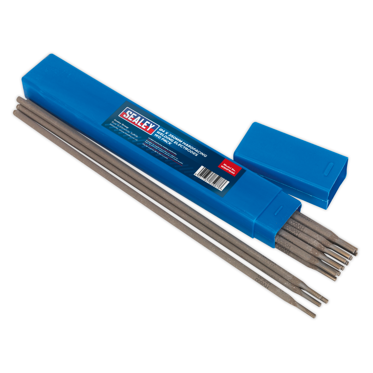 A Sealey blue plastic box with black text and a red logo, containing several long gray Welding Electrodes Hardfacing Ø4 x 350mm 1kg Pack - WEHF1040, some of which are partially slid outside the box.