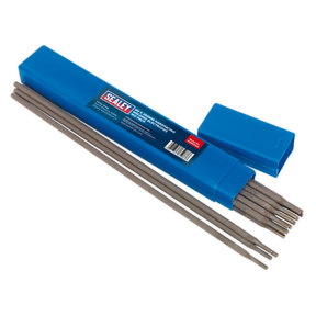 A Sealey blue plastic box with black text and a red logo, containing several long gray Welding Electrodes Hardfacing Ø4 x 350mm 1kg Pack - WEHF1040, some of which are partially slid outside the box.