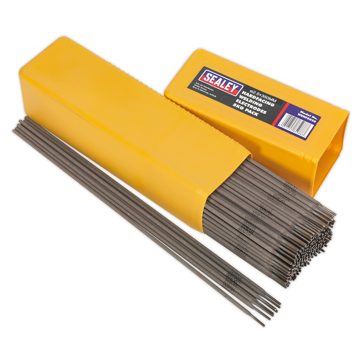 A yellow box of Sealey Welding Electrodes Hardfacing Ø2.5 x 300mm 5kg Pack - WEHF5025 is open, revealing several electrodes neatly packed inside and some laid out beside the box—ideal for repairs on agricultural and construction machinery.