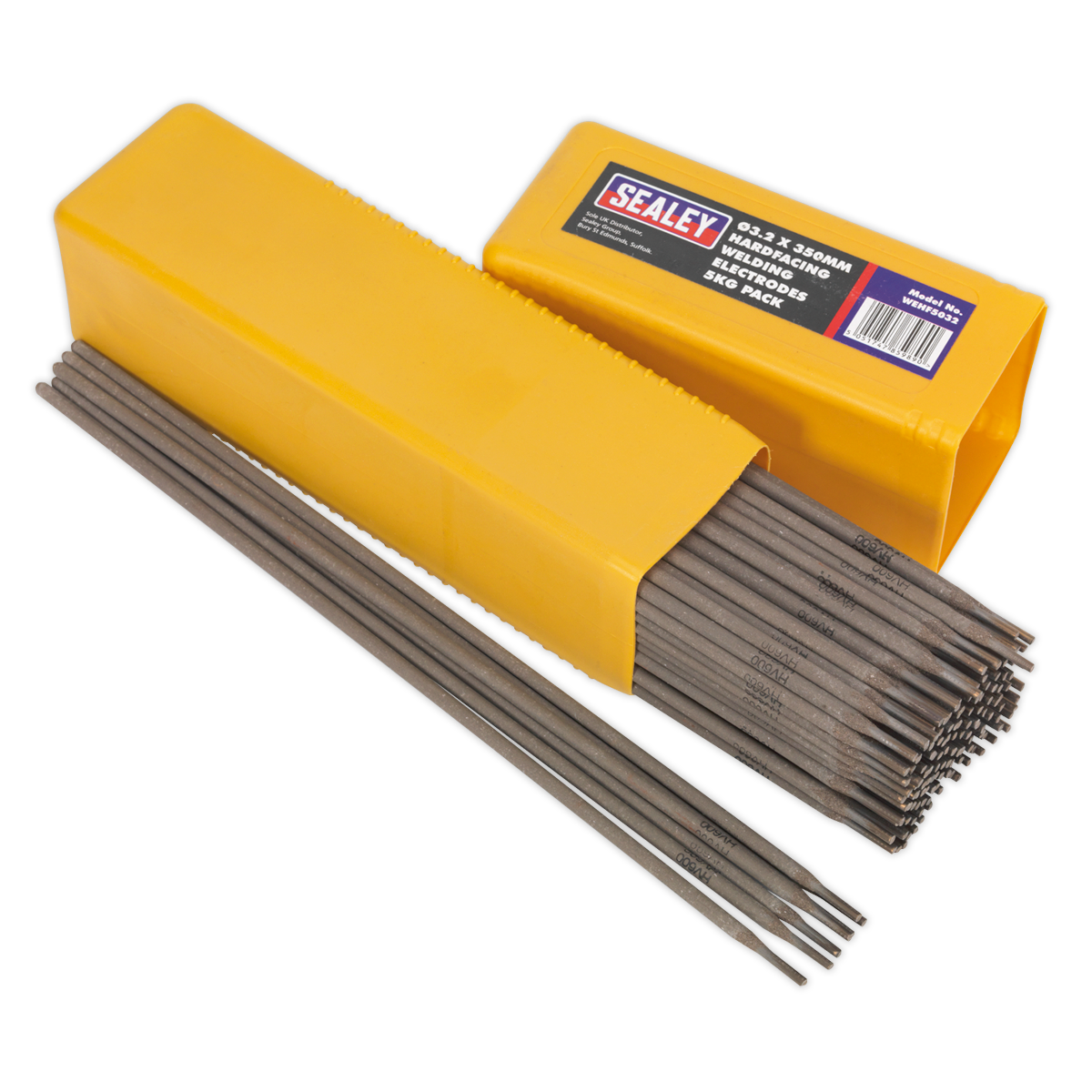 Yellow box of Sealey Welding Electrodes Hardfacing Ø3.2 x 350mm 5kg Pack - WEHF5032 with several uncovered rods alongside it, offering exceptional wear resistance against minerals and corrosion protection.