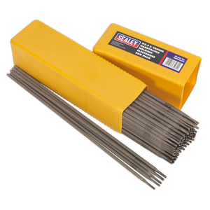 Yellow box of Sealey Welding Electrodes Hardfacing Ø3.2 x 350mm 5kg Pack - WEHF5032 with several uncovered rods alongside it, offering exceptional wear resistance against minerals and corrosion protection.