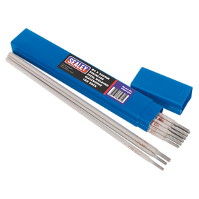 A box labeled "Sealey" containing WESS1040 Welding Electrodes Stainless Steel Ø4 x 350mm (1kg Pack), with several corrosion-resistant electrodes displayed outside the box.