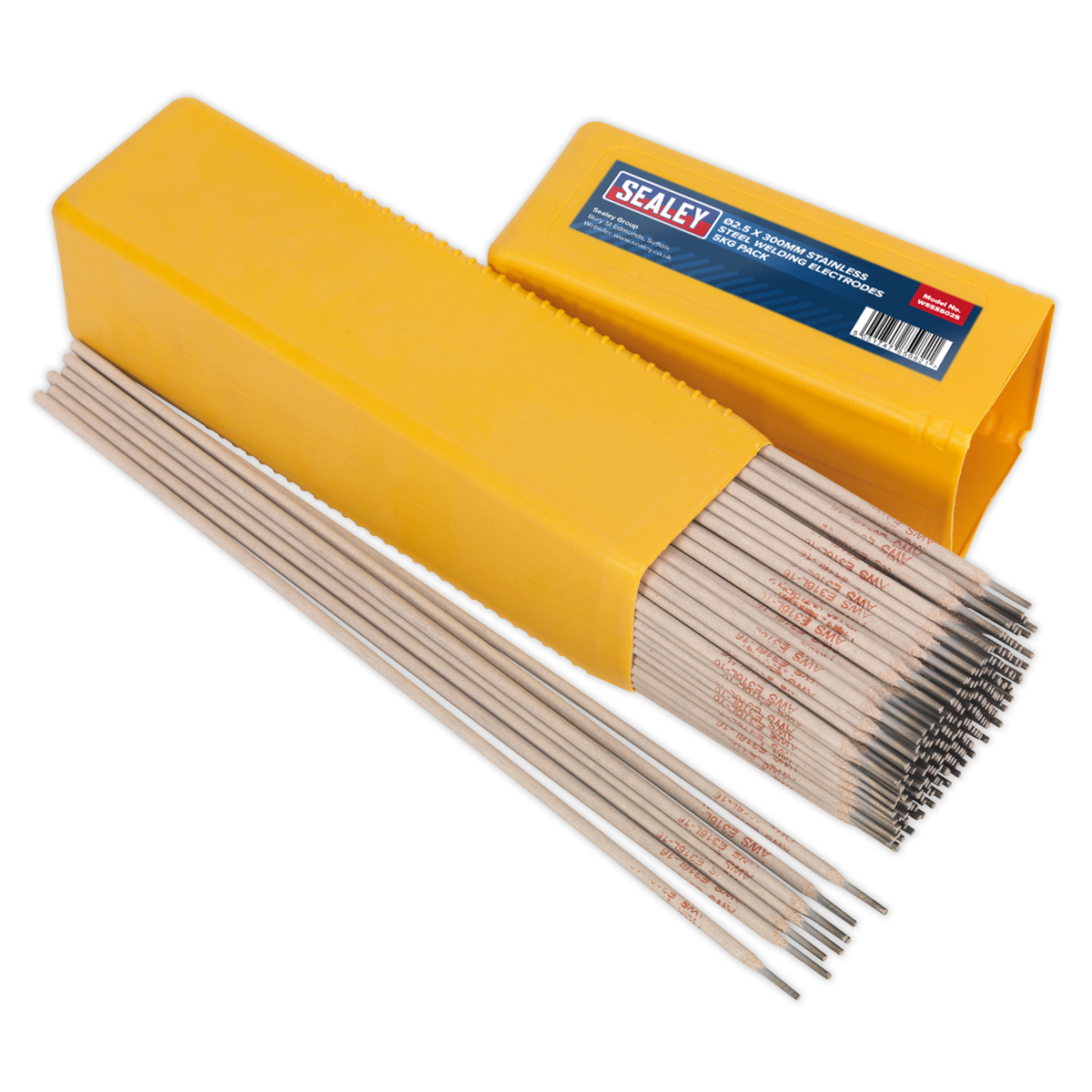 Image of a yellow box labeled "Sealey," containing Welding Electrodes Stainless Steel Ø2.5 x 300mm 5kg Pack - WESS5025, with several corrosion-resistant electrodes partially pulled out.