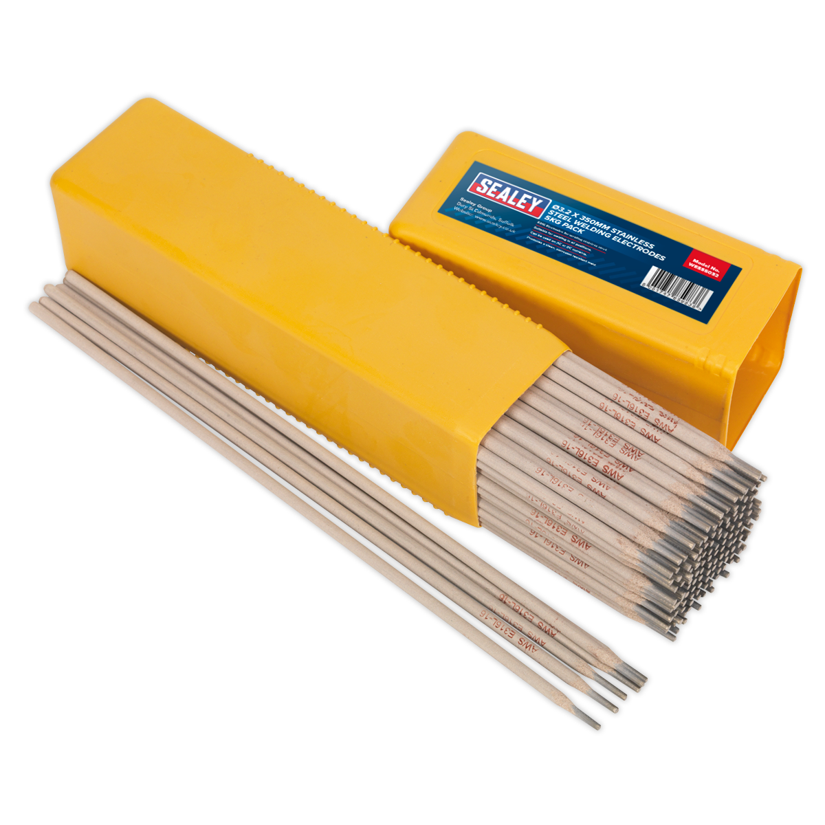 A yellow Sealey Welding Electrodes Stainless Steel Ø3.2 x 350mm 5kg Pack - WESS5032 container, partially open, revealing a stack of E316 electrodes designed for welding stainless steel in front of the box.