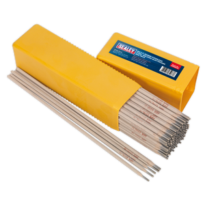 A yellow Sealey Welding Electrodes Stainless Steel Ø3.2 x 350mm 5kg Pack - WESS5032 container, partially open, revealing a stack of E316 electrodes designed for welding stainless steel in front of the box.