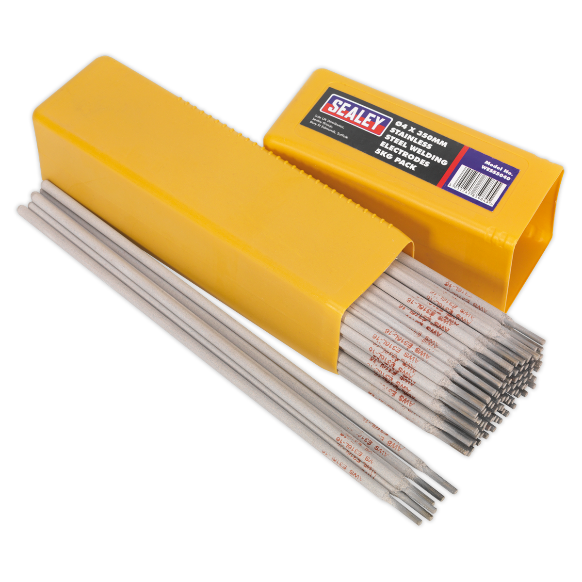 A Sealey box labeled "Welding Electrodes Stainless Steel Ø4 x 350mm 5kg Pack - WESS5040," containing E316 electrodes with some sticks partially pulled out. The box's label details the contents and specifications, ensuring corrosion-resistant welds. Additionally, it is yellow in color.