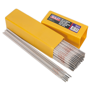 A Sealey box labeled "Welding Electrodes Stainless Steel Ø4 x 350mm 5kg Pack - WESS5040," containing E316 electrodes with some sticks partially pulled out. The box's label details the contents and specifications, ensuring corrosion-resistant welds. Additionally, it is yellow in color.