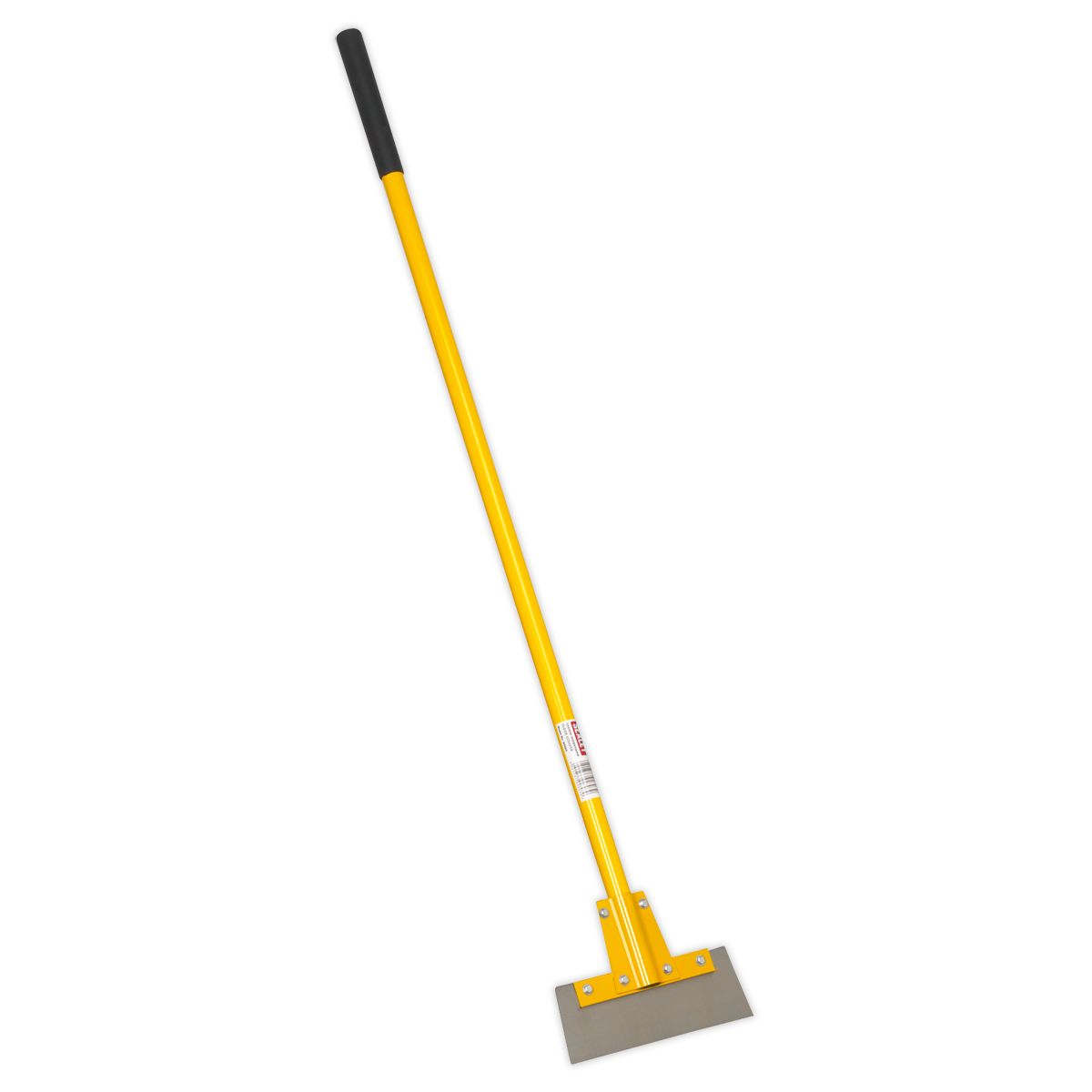 The Sealey Floor Scraper Workshop 300mm - WFS02 features a long fiberglass handle and a carbon steel blade, making it ideal for removing tiles and other flooring materials. Its yellow and black design ensures high visibility, while the wide metal blade provides efficient scraping power.