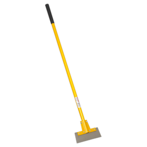 The Sealey Floor Scraper Workshop 300mm - WFS02 features a long fiberglass handle and a carbon steel blade, making it ideal for removing tiles and other flooring materials. Its yellow and black design ensures high visibility, while the wide metal blade provides efficient scraping power.