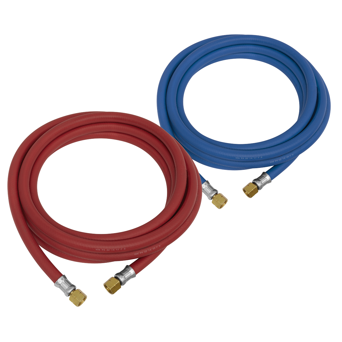 The Welding Hose Set Oxyacetylene EN ISO 3821 (EN 559) 10m - WH10 by Sealey includes a coiled red hose and a coiled blue hose, each featuring metal connectors on both ends with BSP swivel unions for secure connectivity.