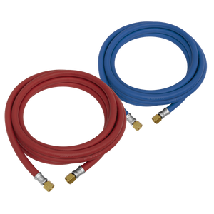 The Welding Hose Set Oxyacetylene EN ISO 3821 (EN 559) 10m - WH10 by Sealey includes a coiled red hose and a coiled blue hose, each featuring metal connectors on both ends with BSP swivel unions for secure connectivity.