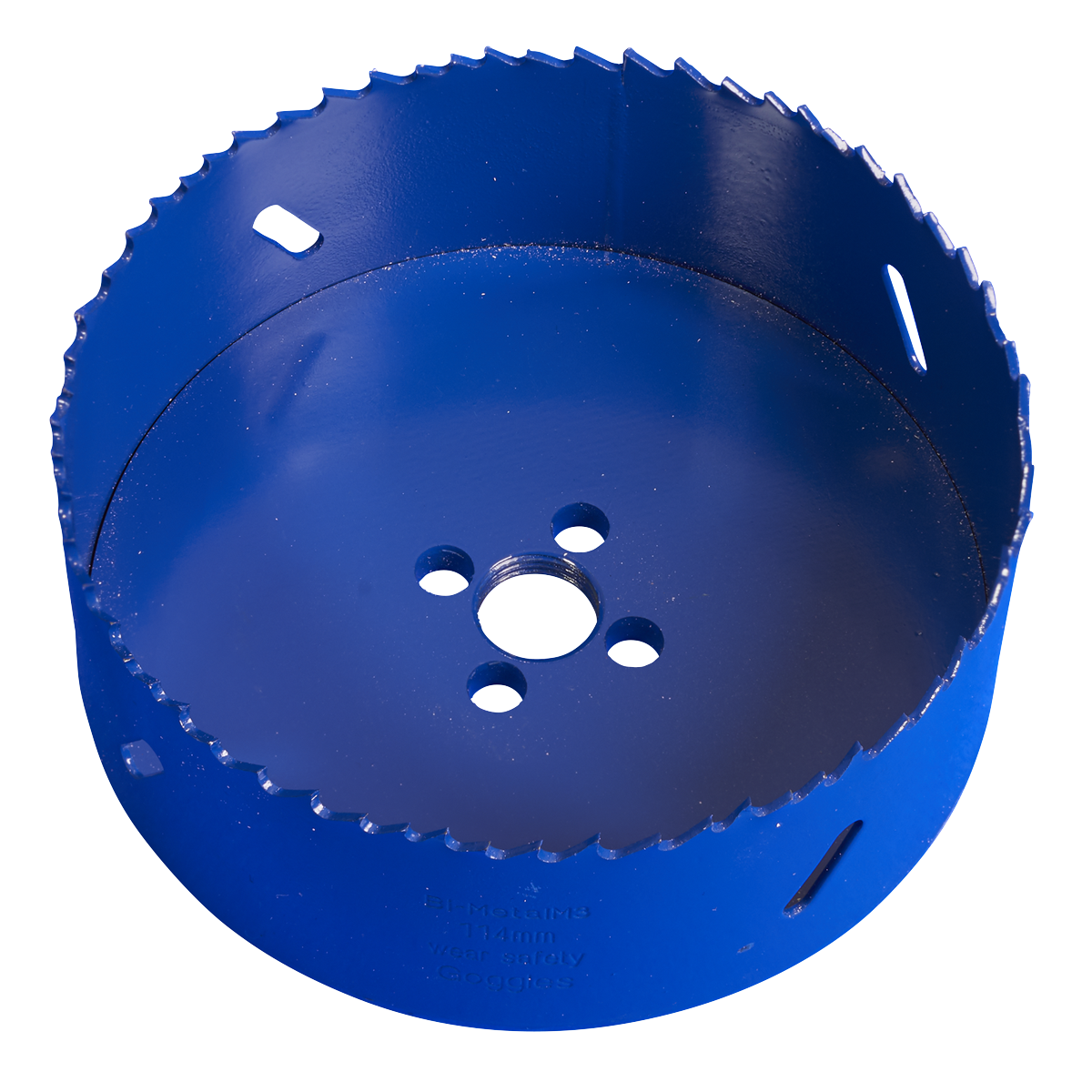 The Sealey HSS Hole Saw Blade Ø114mm - WHS114, featuring milled teeth and crafted from Bi-Metal M3 steel for precise round hole cutting, is shown against a white background.