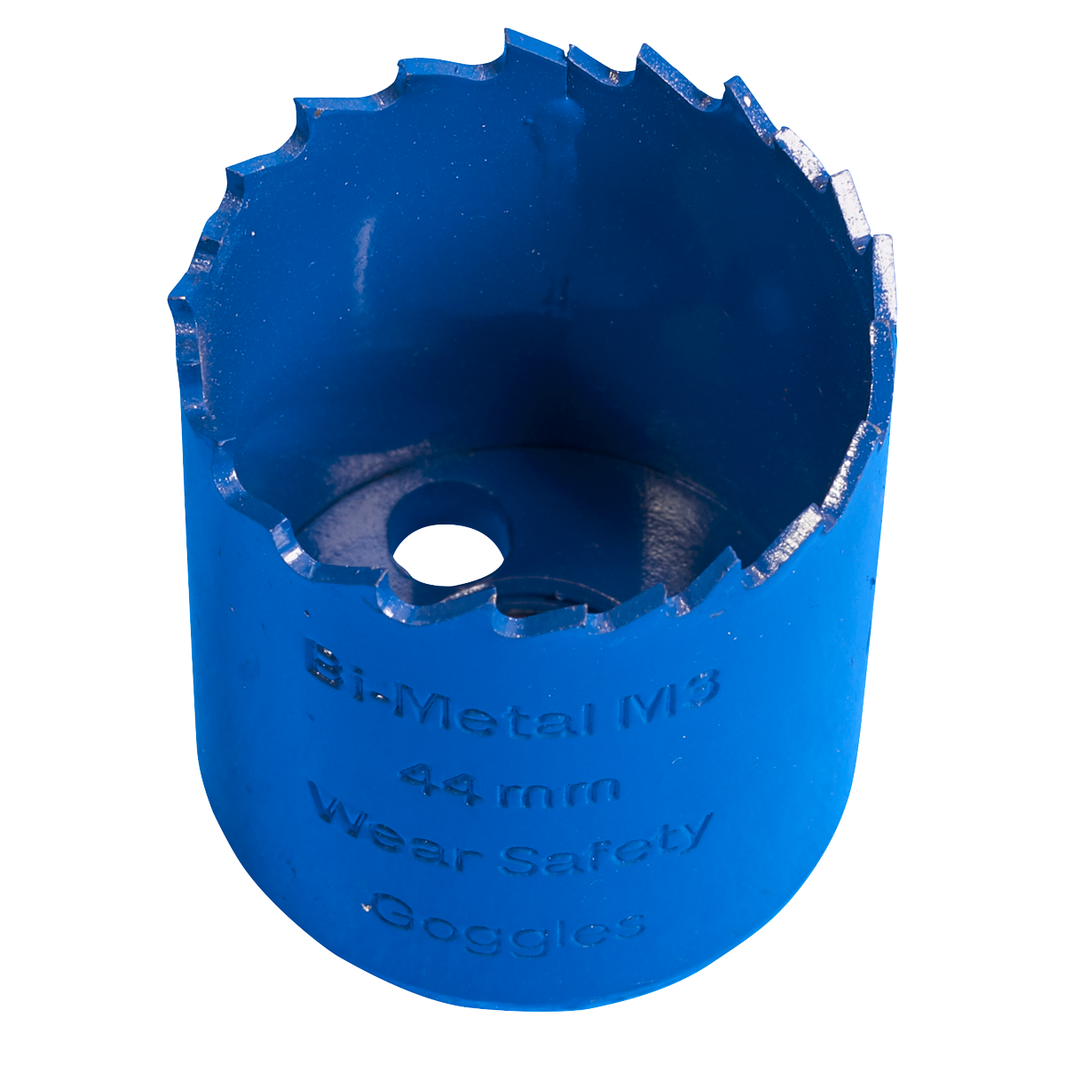 The Sealey HSS Hole Saw Blade Ø44mm - WHS44, a blue bi-metal M3 steel hole saw with milled teeth on its circular edge and safety instruction text etched on its side, delivers fast, accurate cuts.