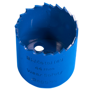 The Sealey HSS Hole Saw Blade Ø44mm - WHS44, a blue bi-metal M3 steel hole saw with milled teeth on its circular edge and safety instruction text etched on its side, delivers fast, accurate cuts.