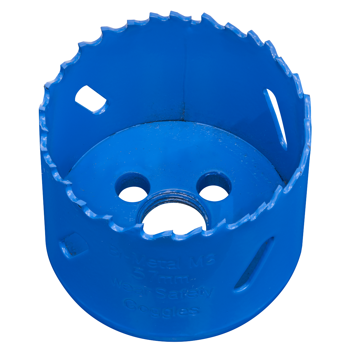 The Sealey HSS Hole Saw Blade Ø57mm - WHS57, designed with milled teeth and multiple circular openings in a blue finish, is crafted from durable Bi-Metal M3 steel for long-lasting performance, making it ideal for cutting precise holes in various materials.