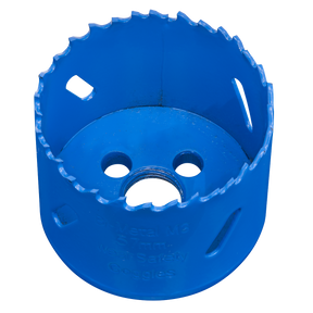 The Sealey HSS Hole Saw Blade Ø57mm - WHS57, designed with milled teeth and multiple circular openings in a blue finish, is crafted from durable Bi-Metal M3 steel for long-lasting performance, making it ideal for cutting precise holes in various materials.
