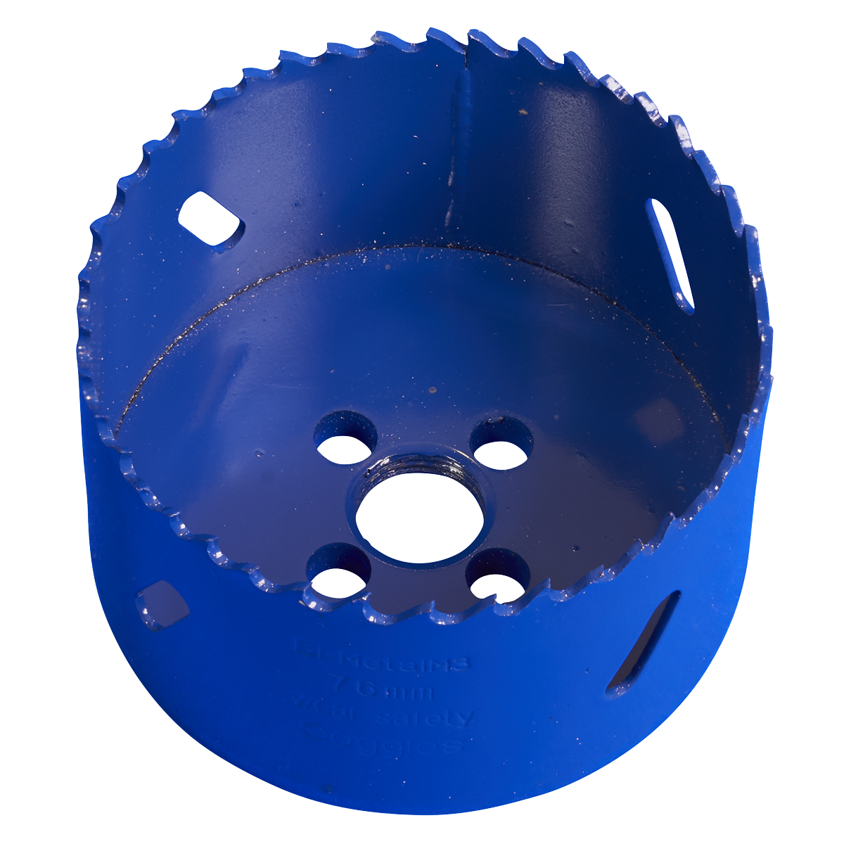 The HSS Hole Saw Blade Ø76mm - WHS76 by Sealey is a blue circular hole saw crafted from Bi-Metal M3 steel with milled teeth, jagged edges, and multiple side slots for precise cuts.