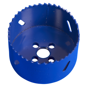 The HSS Hole Saw Blade Ø76mm - WHS76 by Sealey is a blue circular hole saw crafted from Bi-Metal M3 steel with milled teeth, jagged edges, and multiple side slots for precise cuts.