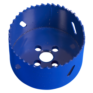 The HSS Hole Saw Blade Ø76mm - WHS76 by Sealey is a blue circular hole saw crafted from Bi-Metal M3 steel with milled teeth, jagged edges, and multiple side slots for precise cuts.