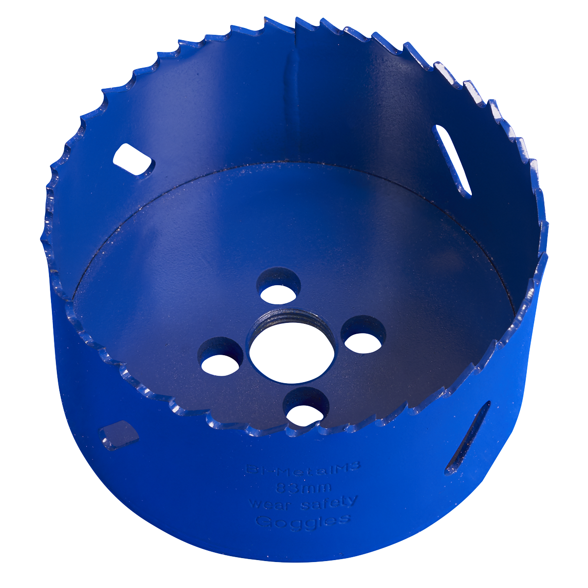 Introducing the Sealey HSS Hole Saw Blade Ø83mm - WHS83, designed in a vibrant blue with an open cylindrical shape. This high-performance tool features milled teeth and convenient side holes, crafted for durability from Bi-Metal M3 steel. It ensures fast, accurate cuts across a range of materials.