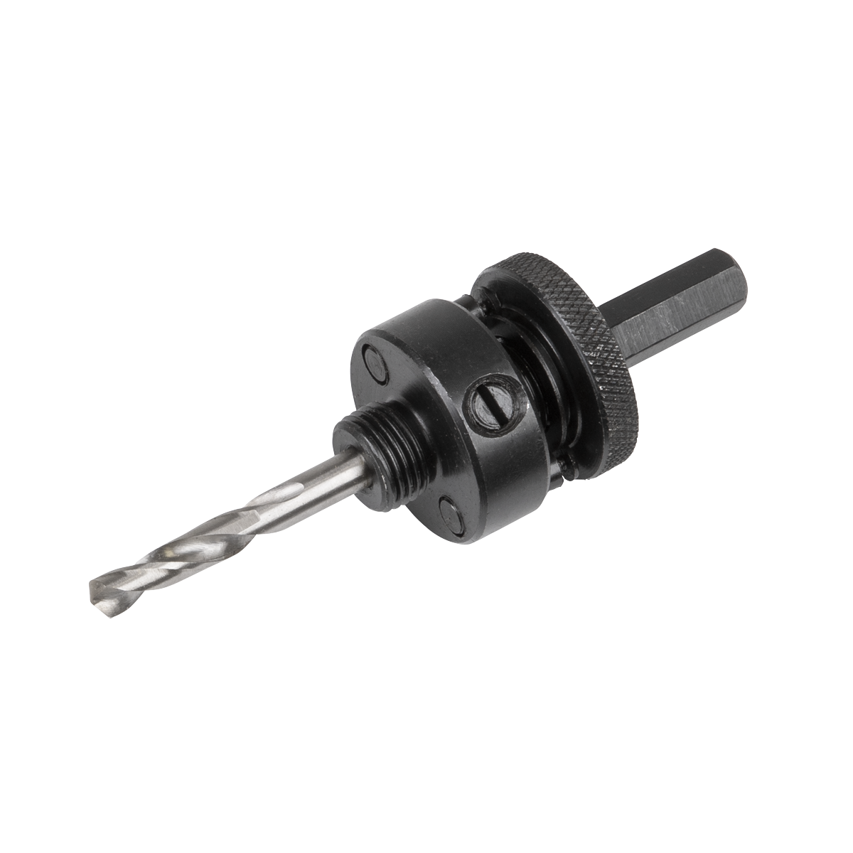 A metal drill bit with a hex shank and black attachment, designed for use with a power drill. This versatile bit is compatible with Sealey tools and can be used alongside the Hex Mandrel Ø32-152mm - WHSHL by Sealey for hole saws.