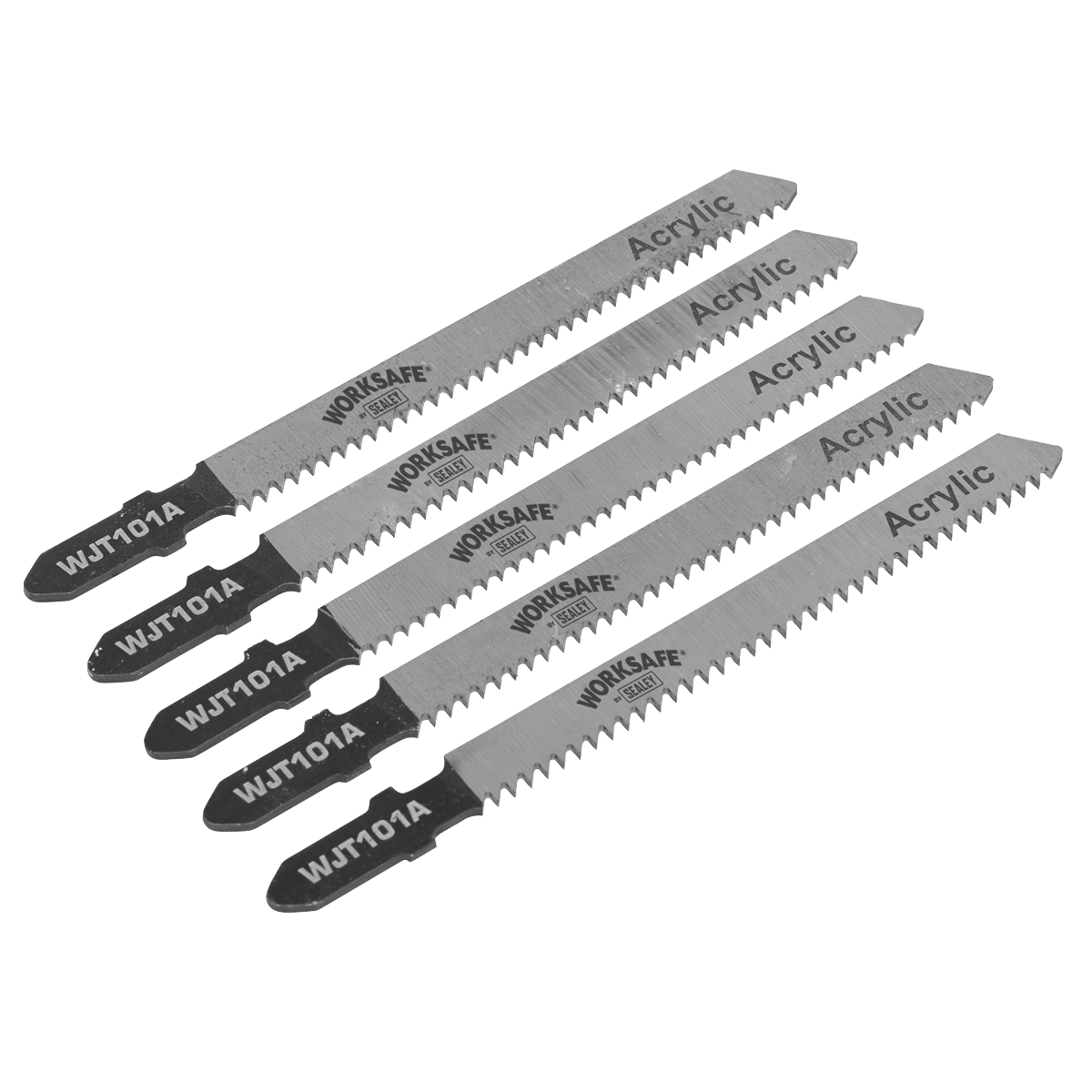 Five jigsaw blades branded as "Sealey Jigsaw Blade Metal 75mm 12tpi - Pack of 5 - WJT101A" arranged in a fan pattern. The blades, with their wavy toothed edges, are specifically designed for cutting acrylic and other non-ferrous metals such as aluminium.