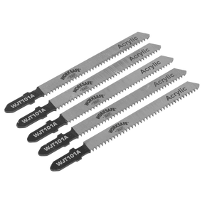 Five jigsaw blades branded as "Sealey Jigsaw Blade Metal 75mm 12tpi - Pack of 5 - WJT101A" arranged in a fan pattern. The blades, with their wavy toothed edges, are specifically designed for cutting acrylic and other non-ferrous metals such as aluminium.