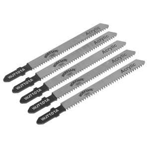 Five jigsaw blades branded as "Sealey Jigsaw Blade Metal 75mm 12tpi - Pack of 5 - WJT101A" arranged in a fan pattern. The blades, with their wavy toothed edges, are specifically designed for cutting acrylic and other non-ferrous metals such as aluminium.