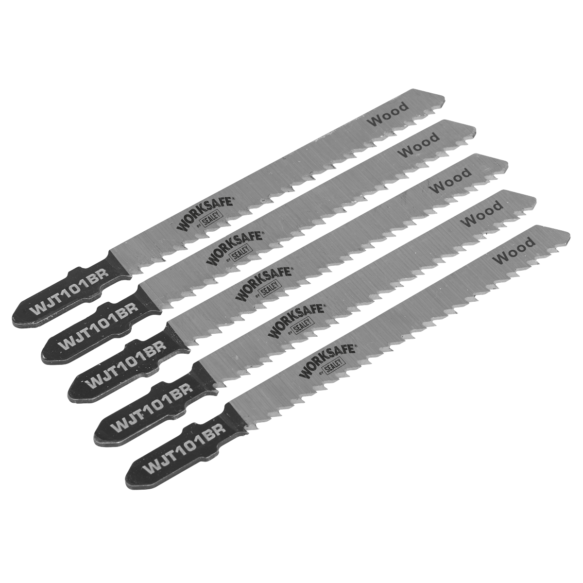 A pack of five Sealey Jigsaw Blade Wood & Plastics 75mm 10tpi - WJT101BR, each lined up and marked for wood cutting, featuring a cutting length of 75mm and reverse teeth.