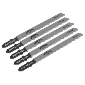 A pack of five Sealey Jigsaw Blade Wood & Plastics 75mm 10tpi - WJT101BR, each lined up and marked for wood cutting, featuring a cutting length of 75mm and reverse teeth.