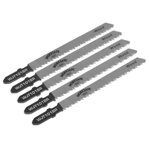 A pack of five Sealey Jigsaw Blade Wood & Plastics 75mm 10tpi - WJT101BR, each lined up and marked for wood cutting, featuring a cutting length of 75mm and reverse teeth.