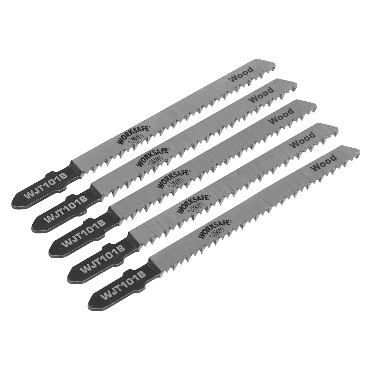 Five jigsaw blades from Sealey, each labeled "WJT101B" and designed for "Wood & Plastics," arranged in a fanned-out pattern on a plain background. These 75mm, 10-tpi chrome vanadium steel blades offer clean cutting performance with their expertly crafted diagonal teeth.