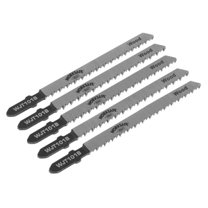 Five jigsaw blades from Sealey, each labeled "WJT101B" and designed for "Wood & Plastics," arranged in a fanned-out pattern on a plain background. These 75mm, 10-tpi chrome vanadium steel blades offer clean cutting performance with their expertly crafted diagonal teeth.