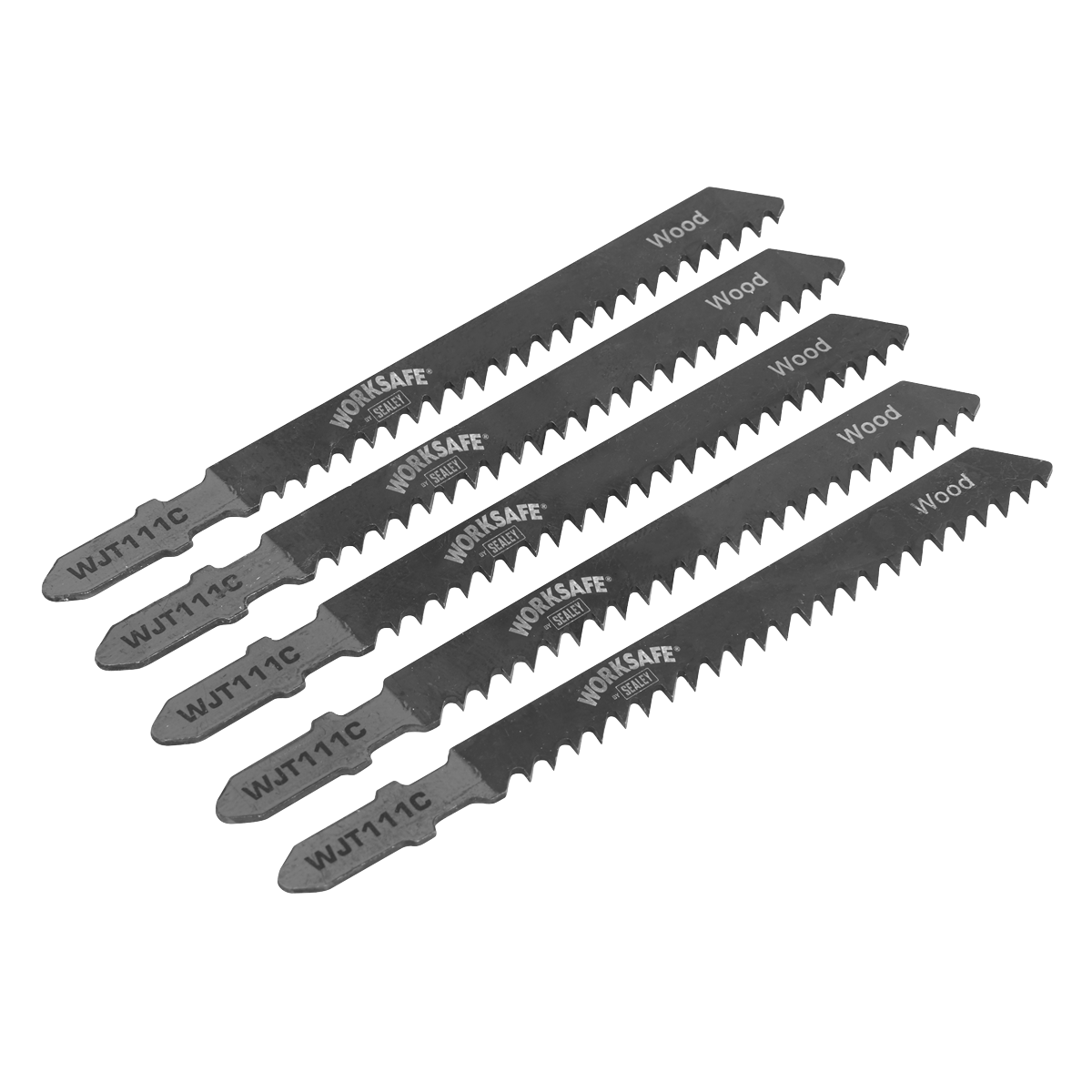 Five Sealey Jigsaw Blade Soft Wood & Plastics 75mm 9tpi - Pack of 5 - WJT111C, made from Chrome Vanadium steel, are arranged in a diagonal line with toothed edges facing the same direction. These versatile blades are perfect for cutting through soft wood and plastics and are compatible with most popular brands of saws.