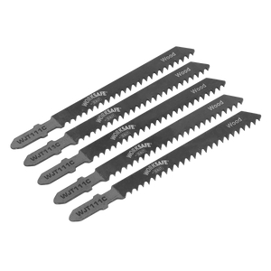 Five Sealey Jigsaw Blade Soft Wood & Plastics 75mm 9tpi - Pack of 5 - WJT111C, made from Chrome Vanadium steel, are arranged in a diagonal line with toothed edges facing the same direction. These versatile blades are perfect for cutting through soft wood and plastics and are compatible with most popular brands of saws.