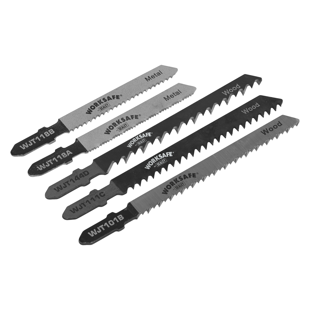 Five assorted Sealey jigsaw blades, including Chrome Vanadium for cutting wood and HSS blades for metal, displayed on a white background. Product Name: Assorted Jigsaw Blades - Pack of 5 - WJTASS.