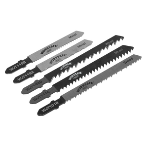 Five assorted Sealey jigsaw blades, including Chrome Vanadium for cutting wood and HSS blades for metal, displayed on a white background. Product Name: Assorted Jigsaw Blades - Pack of 5 - WJTASS.