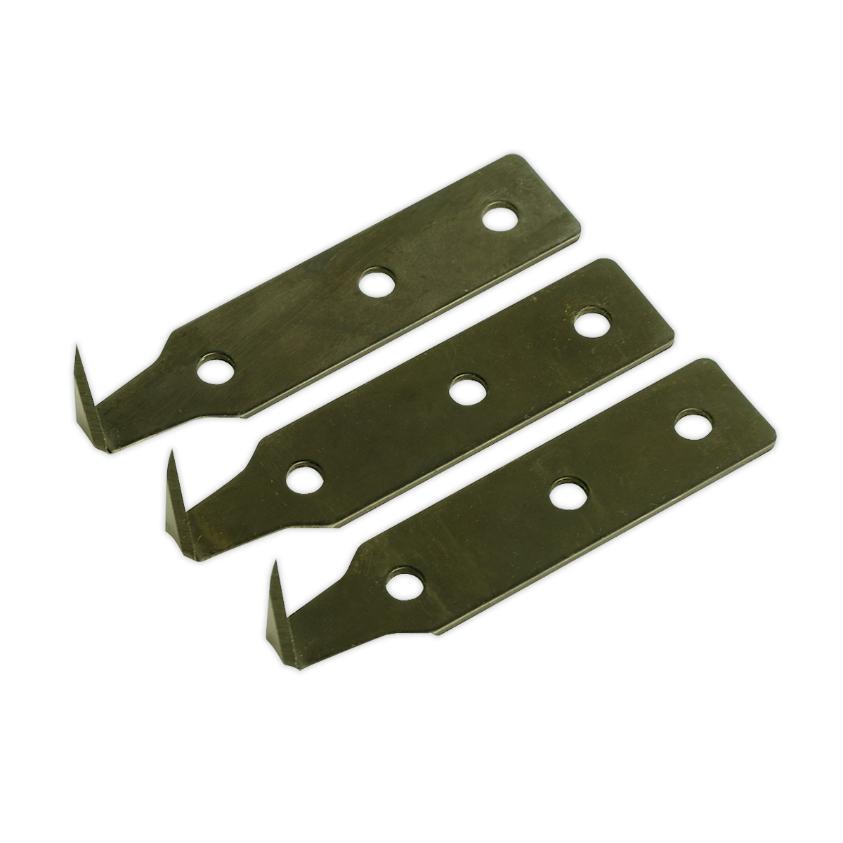 Three Windscreen Removal Tool Blades, measuring 18mm and designed by Sealey, feature precise beveled edges and three circular mounting holes each. These rectangular metal blades boast the meticulous precision akin to a hardened blade.