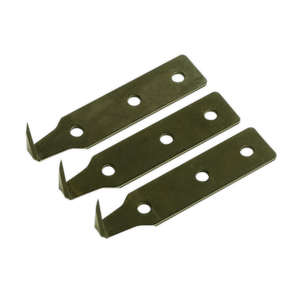 Three Windscreen Removal Tool Blades, measuring 18mm and designed by Sealey, feature precise beveled edges and three circular mounting holes each. These rectangular metal blades boast the meticulous precision akin to a hardened blade.